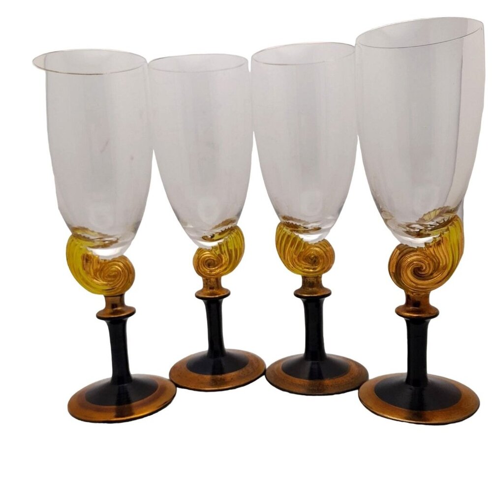 Nautilus Sea Shell Champagne Wine Glasses Signed Elena Graure-Manta Set of 4